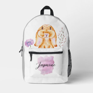 VINTAGE WATERCOLOR BUNNY VIOLET FLOWER GREY WHITE  PRINTED BACKPACK