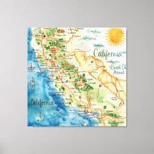 Vintage Watercolor California Travel Map Art Canvas Print