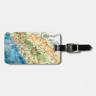 Vintage Watercolor California Travel Map Art Luggage Tag