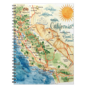 Vintage Watercolor California Travel Map Art Notebook