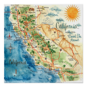 Vintage Watercolor California Travel Map Art Poster