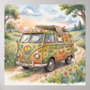 Vintage Watercolor Camper Van Road Trip Art Poster