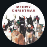 Vintage Watercolor Cat Clowder Meowy Christmas Classic Round Sticker<br><div class="desc">Wishing you a purr-fect holiday season! Send holiday greetings with this cat-themed holiday sticker. It features an adorable group of cats with festive hats. Personalise by adding your details. This Christmas sticker is perfect for cat lovers.</div>