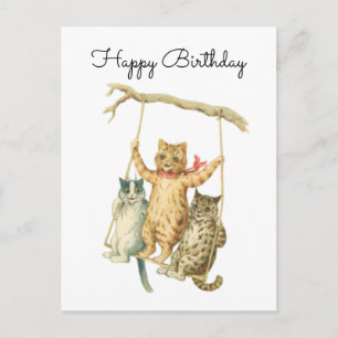Vintage Watercolor Cats on a Swing Happy Birthday Postcard