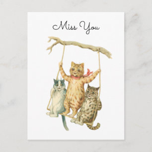 Vintage Watercolor Cats on a Swing Miss You Postcard