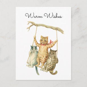 Vintage Watercolor Cats on a Swing Warm Wishes Postcard