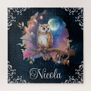 Vintage Watercolor Celestial Fantasy Owl Jigsaw Puzzle