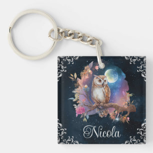 Vintage Watercolor Celestial Fantasy Owl Key Ring