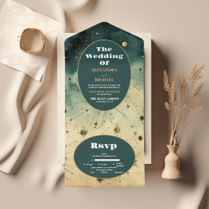 Vintage Watercolor Celestial Wedding All In One Invitation