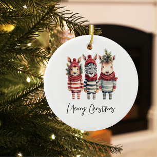 Vintage Watercolor Christmas Animals Ceramic Tree Decoration