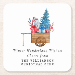 VINTAGE WATERCOLOR CHRISTMAS CARRIAGE PERSONALIZE  SQUARE PAPER COASTER