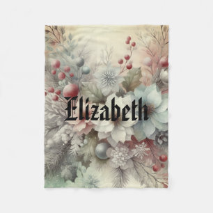 Vintage Watercolor Christmas Floral and Ornaments Fleece Blanket