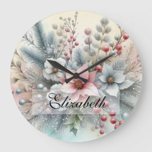 Vintage Watercolor Christmas Floral and Ornaments Large Clock
