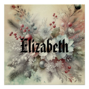 Vintage Watercolor Christmas Floral and Ornaments Poster