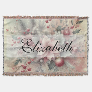 Vintage Watercolor Christmas Floral and Ornaments Throw Blanket