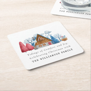 VINTAGE WATERCOLOR CHRISTMAS HOUSE FAMILY PAPER SQUARE PAPER COASTER