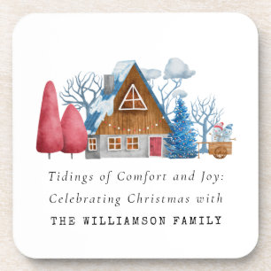 VINTAGE WATERCOLOR CHRISTMAS HOUSE FAMILY PLASTIC COASTER
