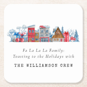 VINTAGE WATERCOLOR CHRISTMAS HOUSES PERSONALIZED SQUARE PAPER COASTER