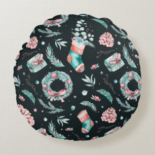 Vintage watercolor christmas illustration round cushion