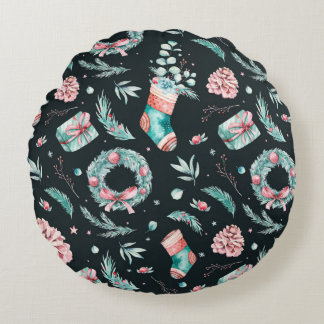 Vintage watercolor christmas illustration round cushion