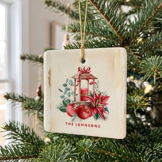Vintage Watercolor Christmas Lantern Poinsettia Ceramic Ornament