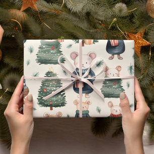 Vintage Watercolor Christmas Mouse Wrapping Paper
