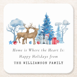 VINTAGE WATERCOLOR CHRISTMAS PERSONALIZED FAMILY SQUARE PAPER COASTER