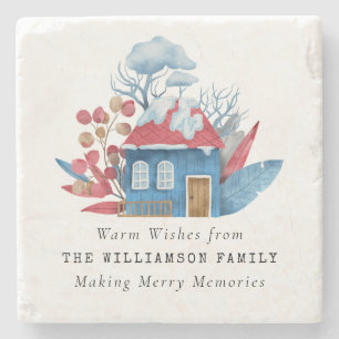 VINTAGE WATERCOLOR CHRISTMAS PERSONALIZED MARBLE STONE COASTER