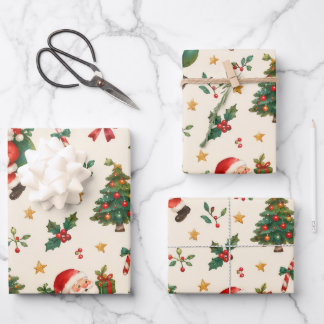 Vintage Watercolor Christmas Santa Reindeer Wrapping Paper Sheet