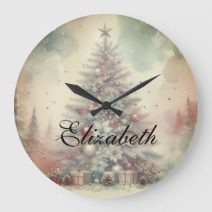 Vintage Watercolor Christmas Tree and Ornaments Large Clock