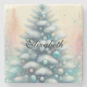 Vintage Watercolor Christmas Tree and Ornaments Stone Coaster