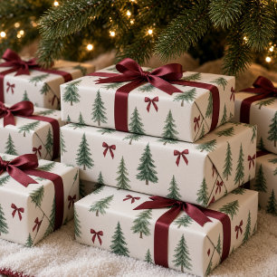 Vintage Watercolor Christmas Tree Burgundy Bow  Wrapping Paper