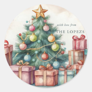 Vintage Watercolor Christmas Tree Holiday Classic Round Sticker