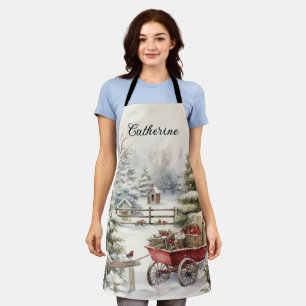 Vintage Watercolor Christmas Tree Personalised Apron