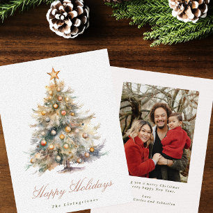 Vintage Watercolor Christmas Tree Script Photo Holiday Card