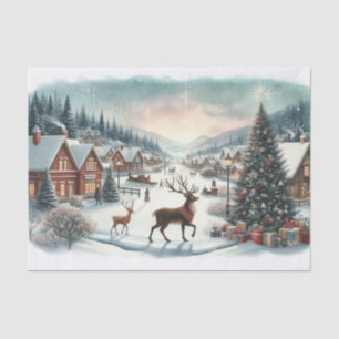 Vintage Watercolor Christmas Village with Reindeer Tissue Paper
