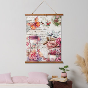 Vintage Watercolor Collage Hanging Tapestry