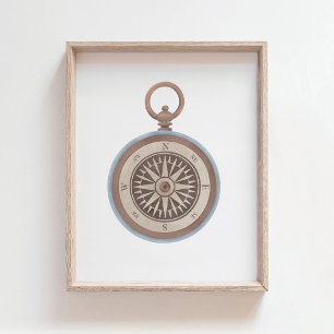 Vintage Watercolor Compass Travel Decor Poster