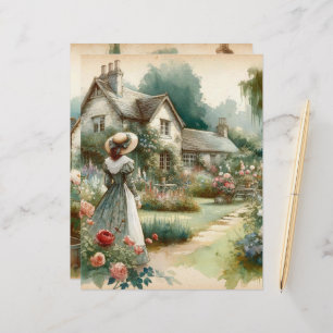 Vintage Watercolor Country Garden Scrapbook Paper