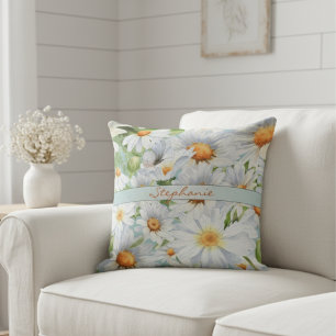 Vintage Watercolor Daisies and Butterfly Monogram Cushion