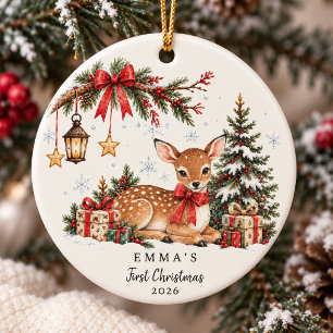 Vintage Watercolor Deer First Christmas Ceramic Tree Decoration