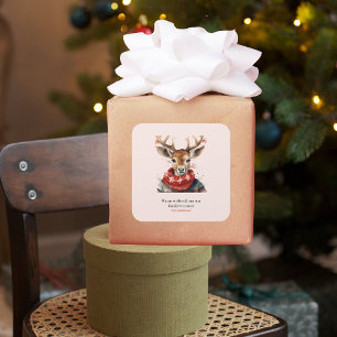 Vintage Watercolor Deer &. Merry Christmas Square Sticker