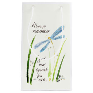 Vintage Watercolor Dragonfly Always Remember text Small Gift Bag