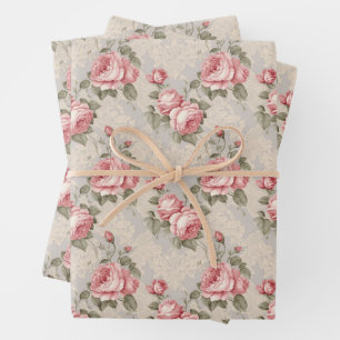 Vintage watercolor dusty pink roses and laces  wrapping paper sheet