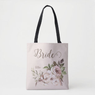 Vintage Watercolor Dusty Rose Floral Bride  Tote Bag