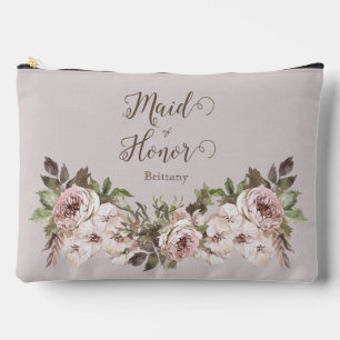 Vintage Watercolor Dusty Rose Floral Maid of Honou Accessory Pouch