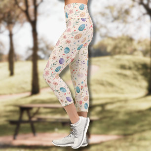 Vintage Watercolor Easter Flowers Leaves Eggs Capri Leggings