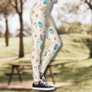 Vintage Watercolor Easter Flowers Leaves Eggs Leggings