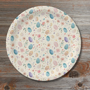 Vintage Watercolor Easter Flowers Leaves Eggs Paper Plate