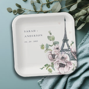 Vintage Watercolor Eiffel Tower Floral Wedding Paper Plate